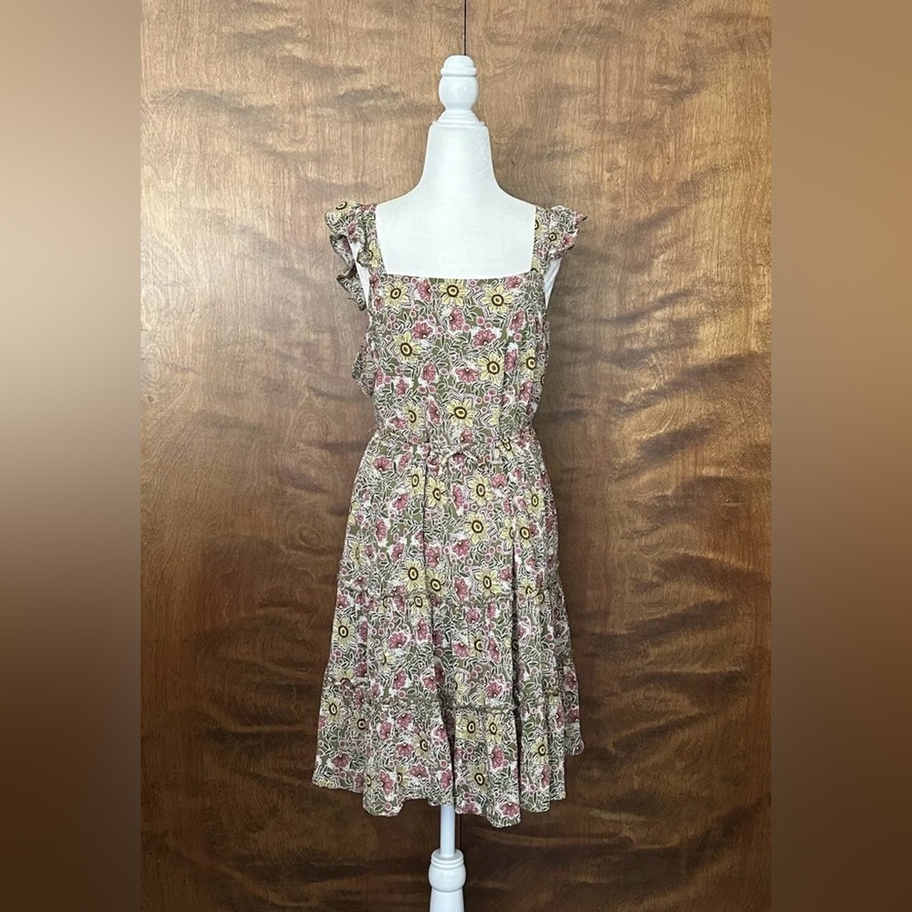 Maurices Cutout Back Babydoll Crinkle Dress Womens L Green & Pink Floral Belted